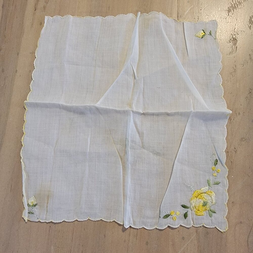 Vintage Floral Handkerchief Cotton Yellow Flowers Floral Ruffle Edge 9 Sq In